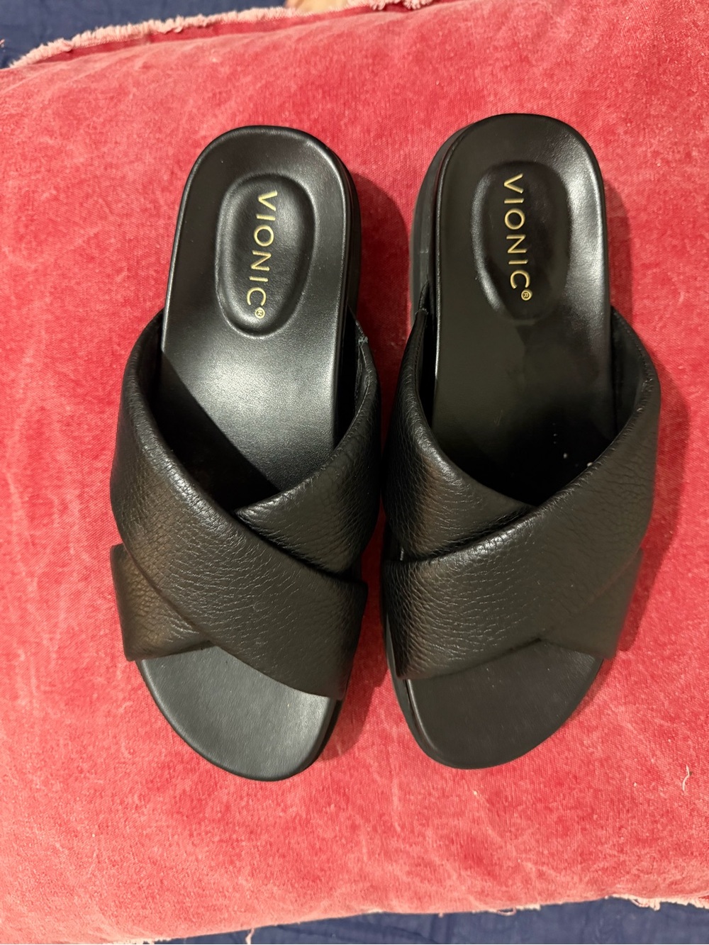 Vionic Black Crisscross Leather Slide Mules
